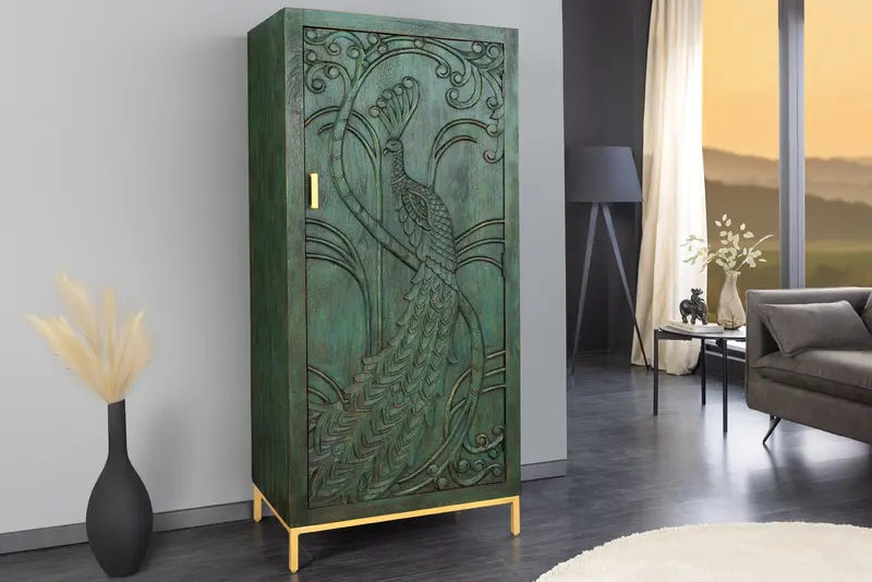 KOMODA PEACOCK 3D DREWNO MANGO ZIELONA 166 CM / 45590 / INVICTA INTERIOR