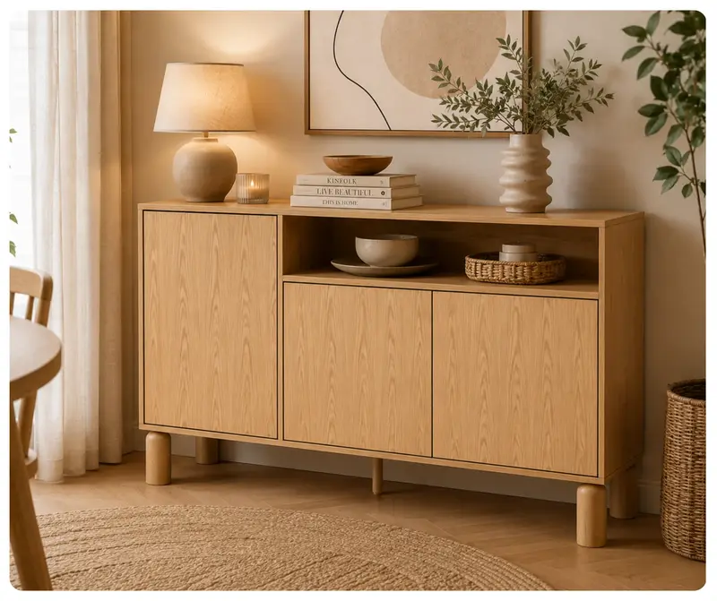 Komoda Sanden SN-2 140 cm – Dąb Bookmatch, 3 szafki i otwarta półka