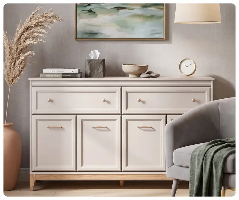Komoda Windsor 02 kaszmir 179 cm – 2 szuflady, 4 drzwiczki, dębowe nogi