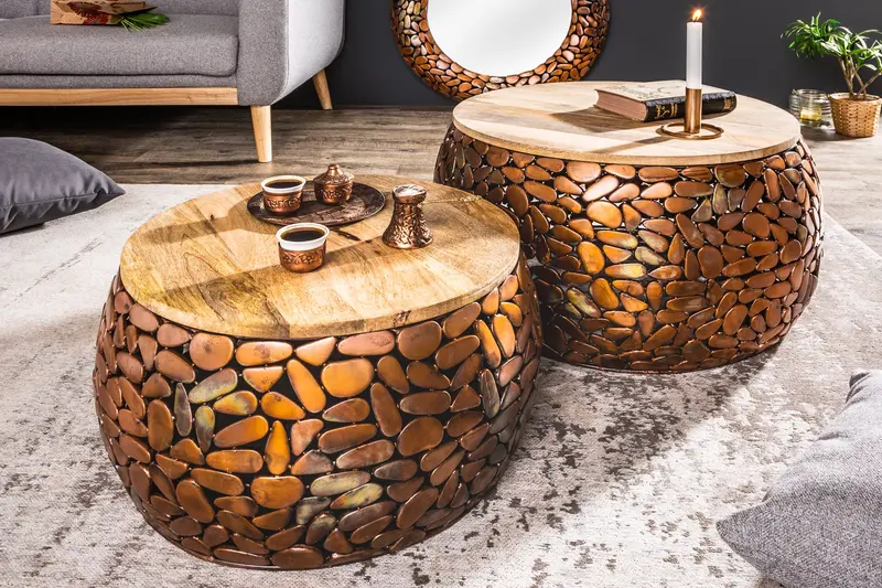 Komplet 2 stolików STONE MOSAIC miedź Z BLATEM MANGO / 39891 / 41432 / INVICTA INTERIOR