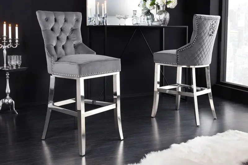 KRZESŁO BAROWE / HOKER CASTLE DELUXE SZARY AKSAMIT  / 43213 / INVICTA INTERIOR
