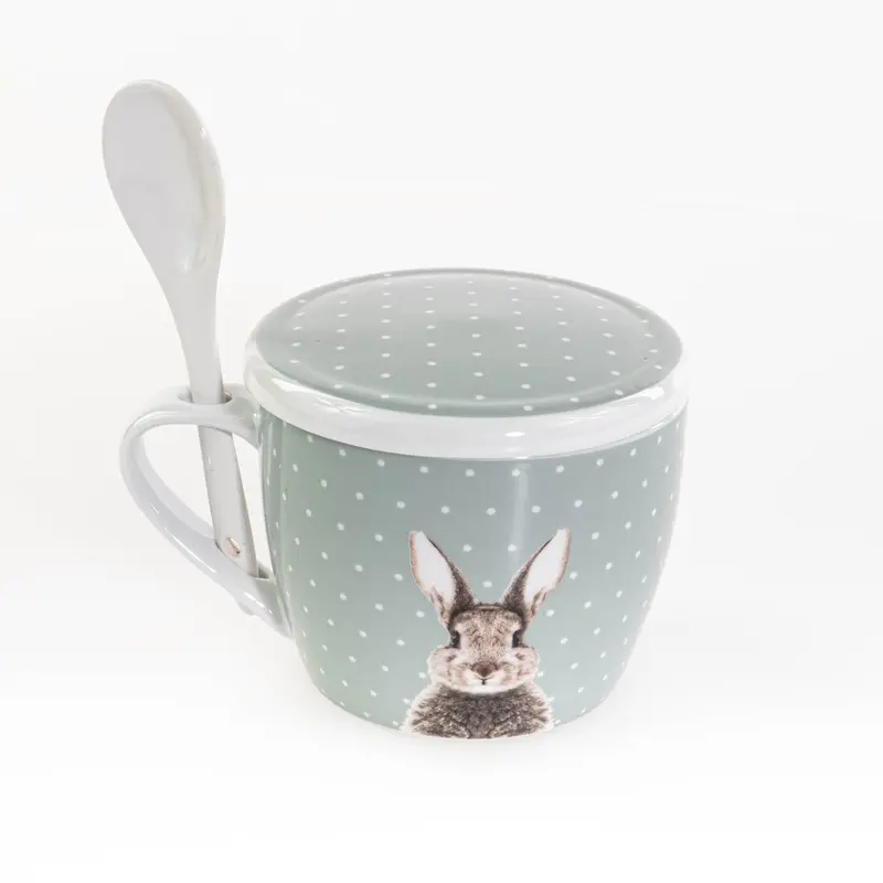 Kubek z pokrywką i z łyżeczką FLUFFY, porcelanowy, zajączek, 600 ml