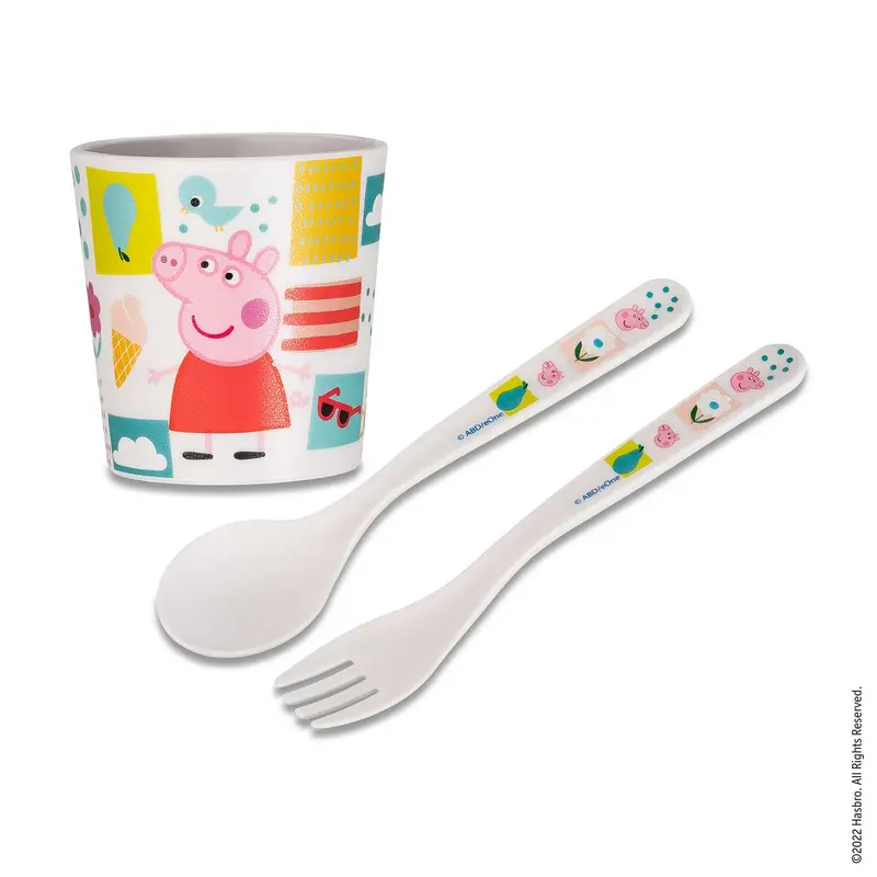 Kubek + zestaw sztućców, EASY EATER ŚWINKA PEPPA, 3 elementy, KOZIOL