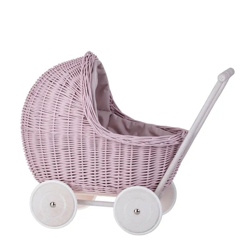 Lili wicker doll pram with pink trim, quilt and pillow TheWickerStories