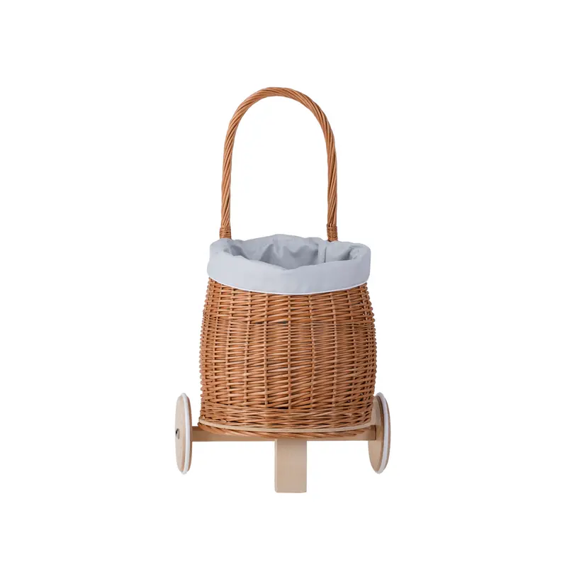 Luke wicker doll stroller with light blue trim, handle and wooden wheels TheWickerStories