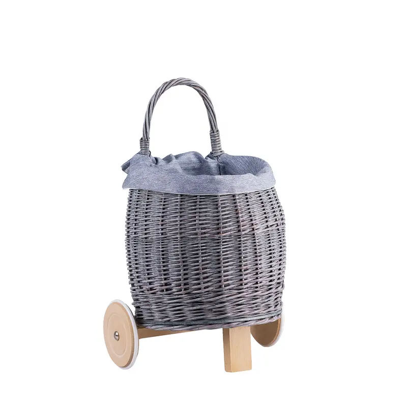 Luke wicker push-along doll stroller with blue trim, wooden wheels and handle TheWickerStories