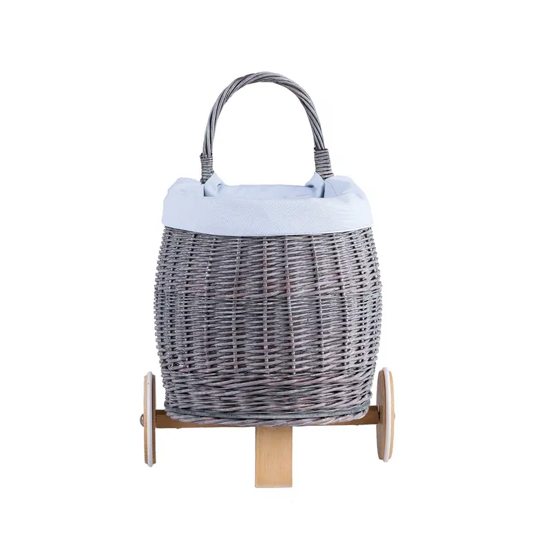 Luke wicker push cart for dolls and toys with blue trim, with handle and wooden wheels TheWickerStories