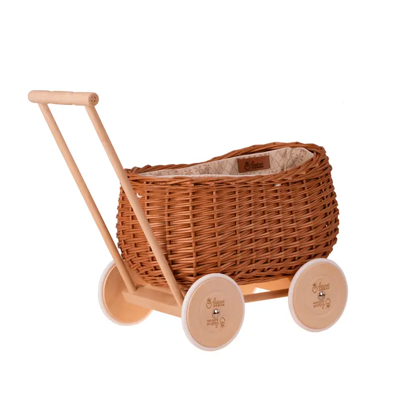 Luke wicker push walker with cream trim, handle and wheels TheWickerStories