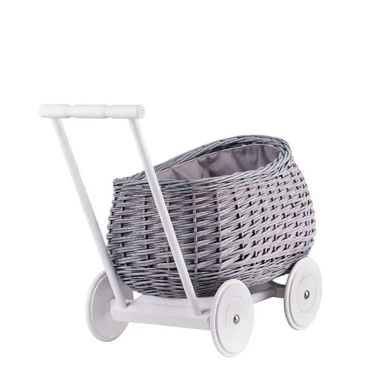 Luke wicker pushcart with grey lining and pillow TheWickerStories