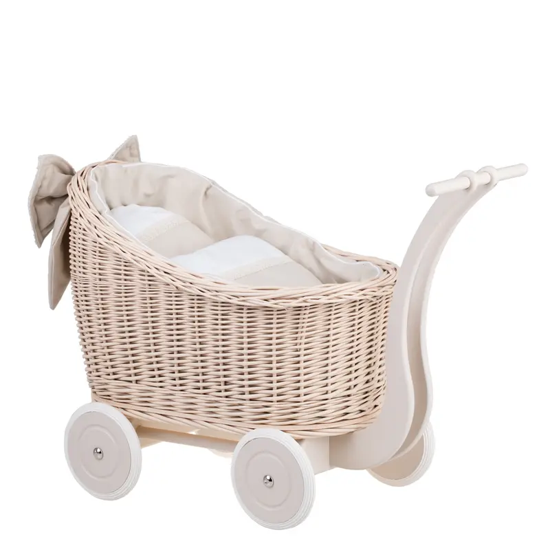 Luna wicker doll stroller with beige trim, quilt and pillow TheWickerStories