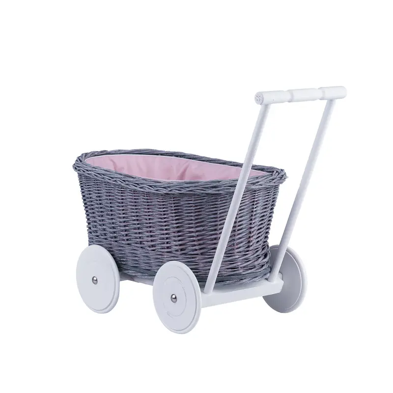 Luna wicker push stroller for dolls with pink trim TheWickerStories