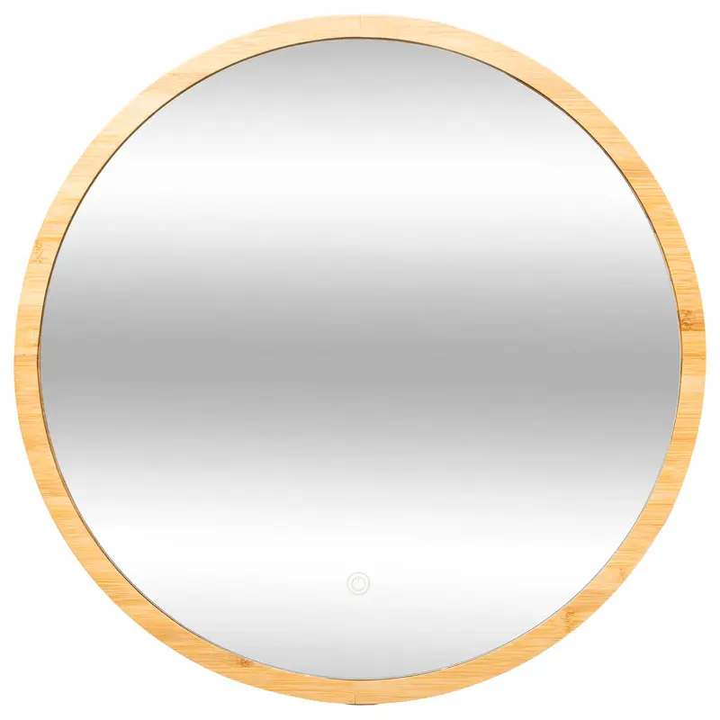 Lustro łazienkowe z oświetleniem LED, bambusowa rama, Ø 57 cm