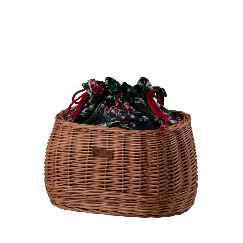 Marone wicker bicycle basket with colorful trim, removable liner and leather straps TheWickerStories
