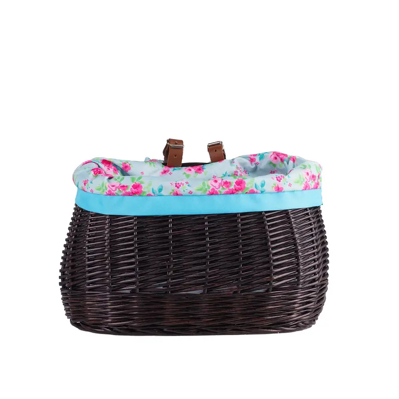 Marone wicker bike basket with blue lining and straps TheWickerStories