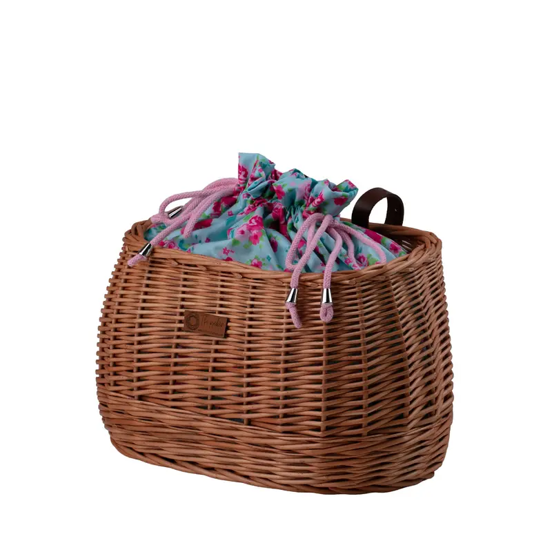Marone wicker bike basket with colorful trim, removable drawstring liner and leather straps TheWickerStories