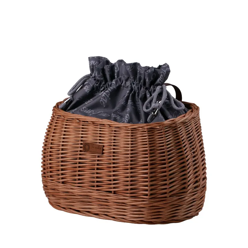 Marone wicker bike basket with gray trim, removable drawstring bag and leather straps TheWickerStories
