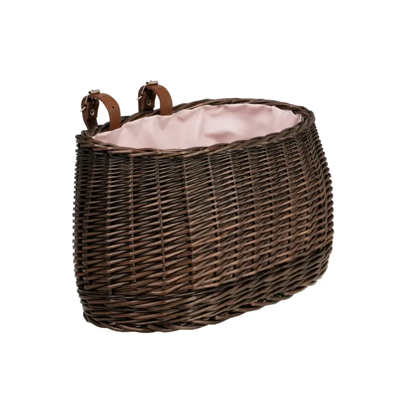 Marone wicker bike basket with pink lining and straps TheWickerStories