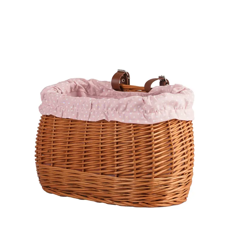 Marone wicker bike basket with pink lining and straps TheWickerStories