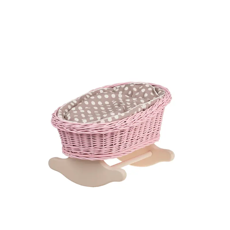 Mimi wicker cradle for dolls with beige lining, pillow and quilt TheWickerStories
