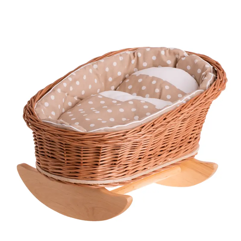 Mimi wicker cradle for dolls with beige lining, pillow and quilt TheWickerStories