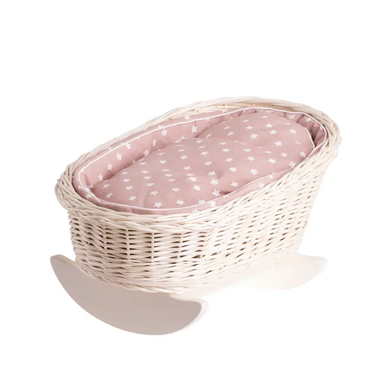 Mimi wicker cradle for dolls with beige lining, pillow and quilt TheWickerStories