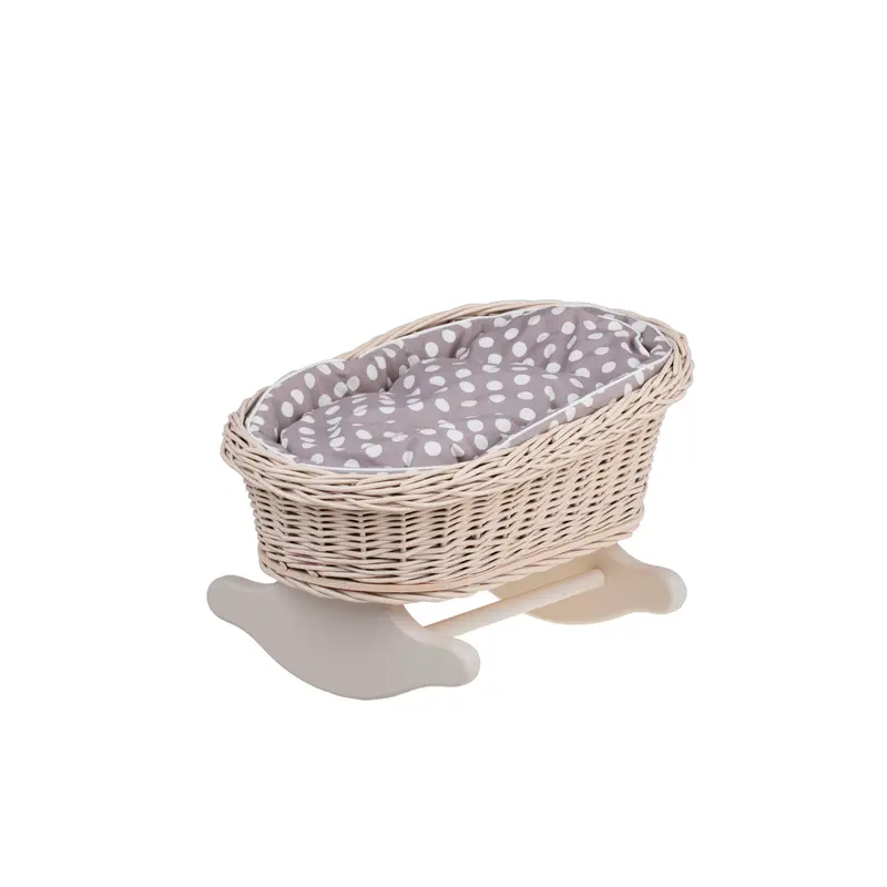 Mimi wicker cradle for dolls with beige trim, pillow and quilt TheWickerStories