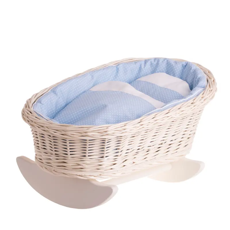 Mimi wicker cradle for dolls with blue lining, pillow and duvet TheWickerStories
