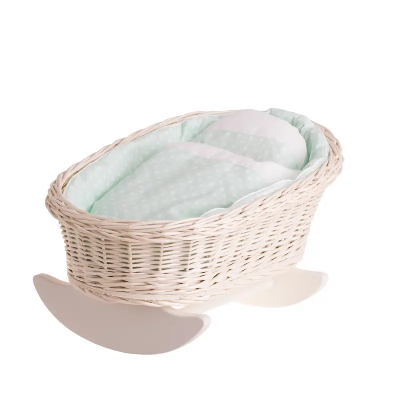 Mimi wicker cradle for dolls with mint lining, pillow and quilt TheWickerStories