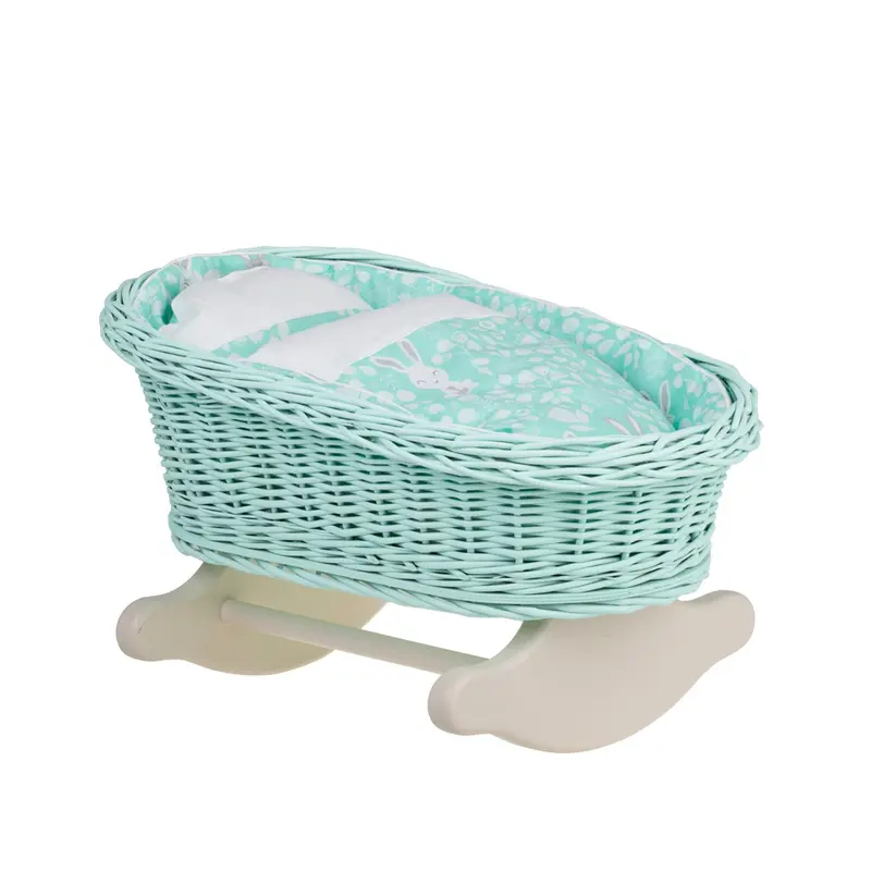 Mimi wicker cradle for dolls with mint lining, pillow and quilt TheWickerStories
