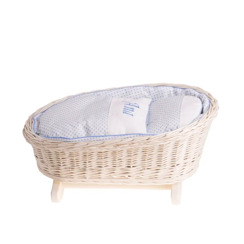 Mimi wicker cradle for dolls with personalization, blue lining, pillow and duvet TheWickerStories