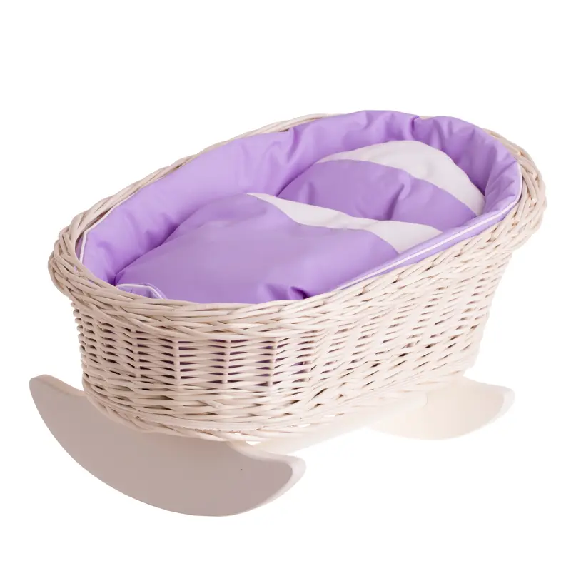 Mimi wicker cradle for dolls with purple lining, pillow and duvet TheWickerStories