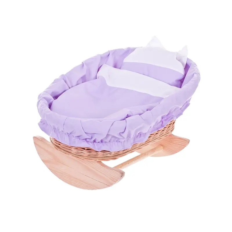 Mimi wicker cradle for dolls with purple lining, pillow and duvet TheWickerStories
