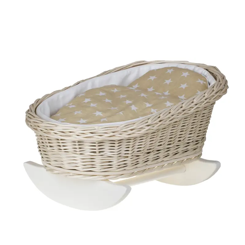 Mimi wicker cradle for dolls with white lining, pillow and quilt TheWickerStories