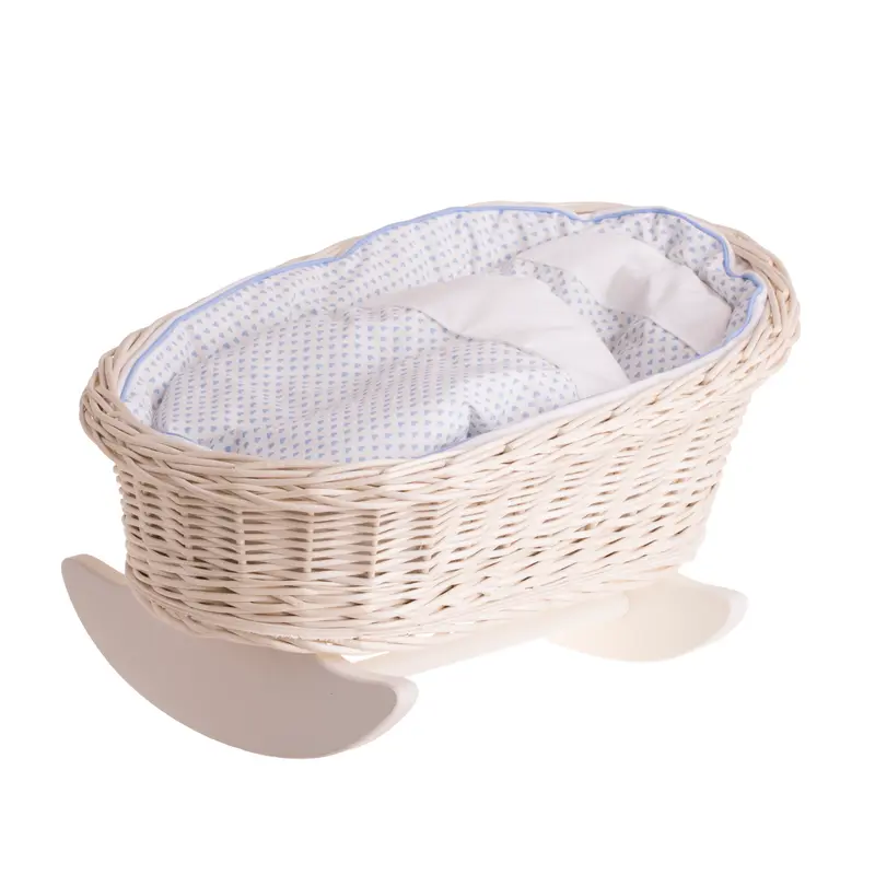 Mimi wicker doll cradle with blue trim, pillow and quilt TheWickerStories