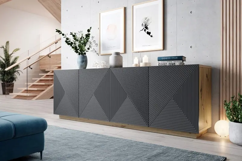 Nowoczesna komoda Asha z ryflowanym frontem 200 cm - artisan / rivier stone mat