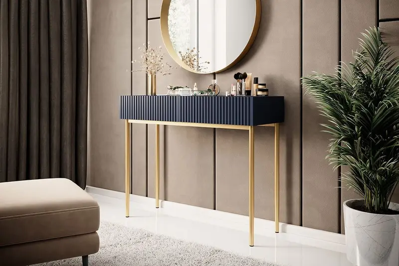 Nowoczesna konsola / toaletka z szufladami Nicole 100 cm - granat MDF / złote nóżki