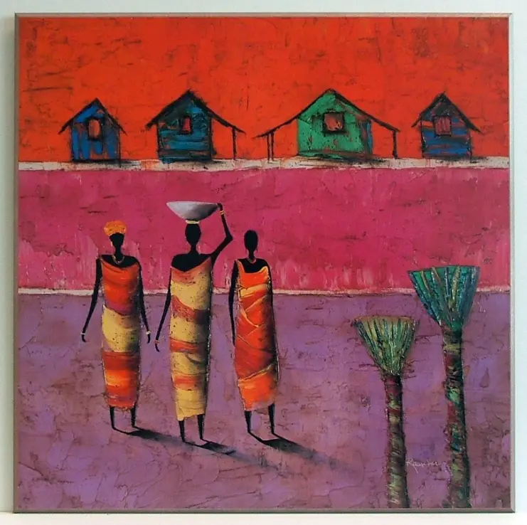 Obraz Afrykanki z naczyniami, na tle wioski 71x71 cm