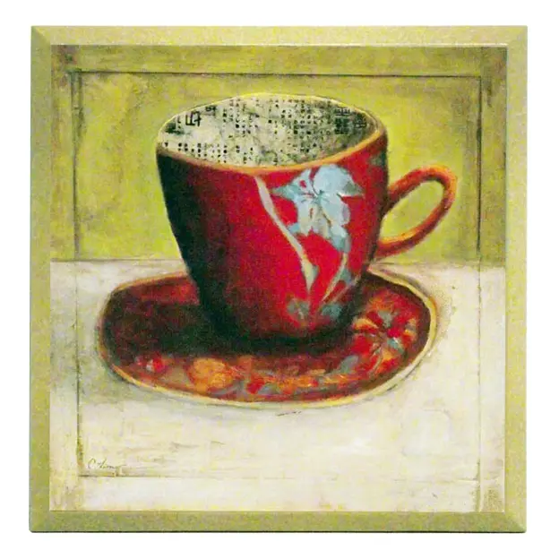 Obraz Azjatycka ceramika, czerwony kubek ana płycie 19x19 cm