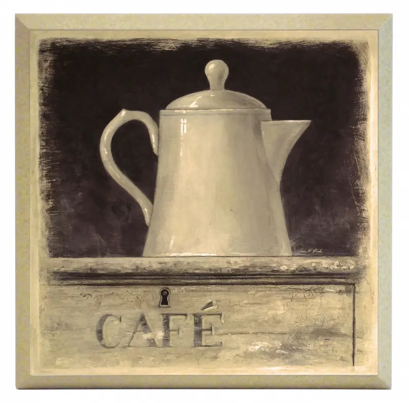 Obraz Biała zastawa, dzbanek CAFE na płycie 19x19 cm