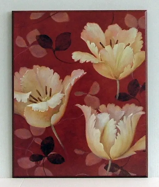 Obraz Białe kwiaty i listki na tle czerwieni 41x51 cm