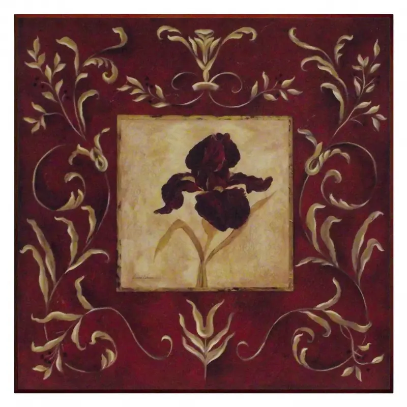 Obraz Bordowy Irys na tle roślinnych ornamentów płycie 61x61 cm