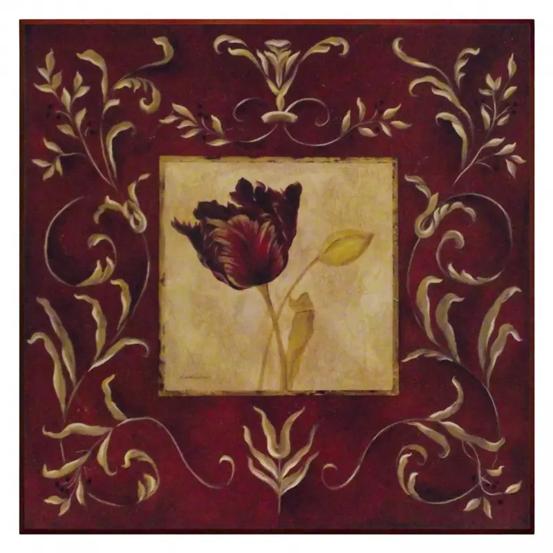 Obraz Bordowy Tulipan na tle roślinnych ornamentów płycie 61x61 cm