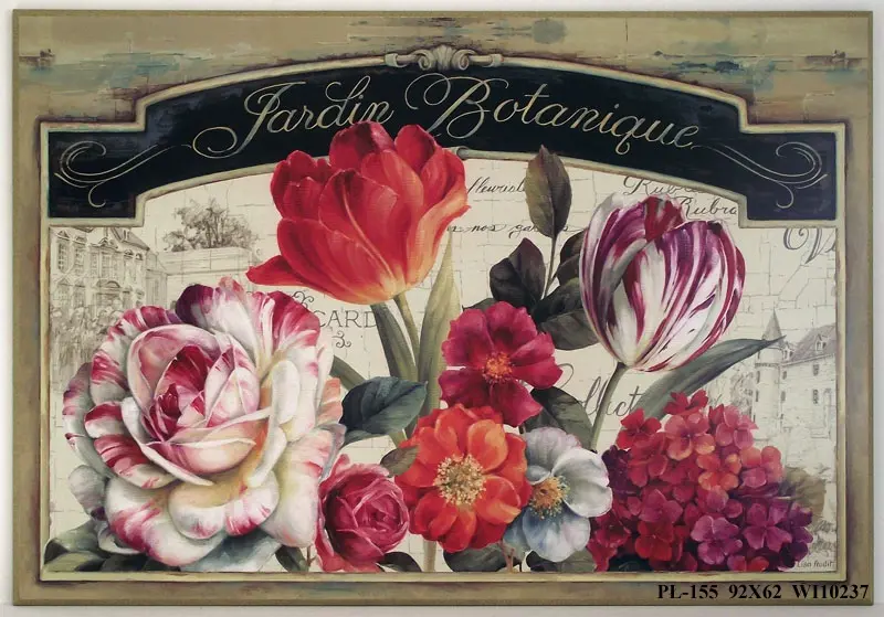Obraz Bukiet kwiatów z szyldem 'Jardin botanique' 92x62 cm