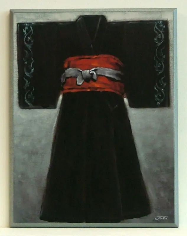Obraz Czarne kimono z czerwonym pasem na płycie 31x41 cm