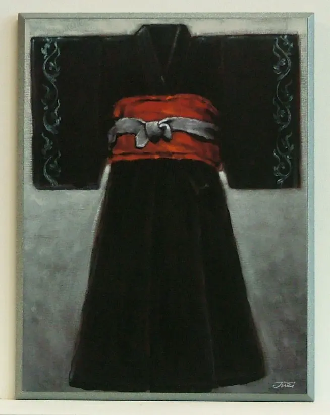 Obraz Czarne kimono z czerwonym pasem na płycie 51x71 cm