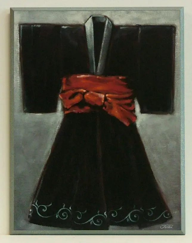 Obraz Czarne kimono z czerwonym pasem na płycie 51x71 cm