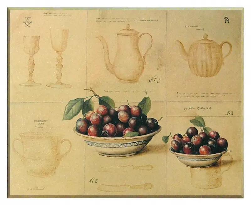 Obraz Czereśnie w miskach na tle szkiców naczyń na płycie 51x41 cm