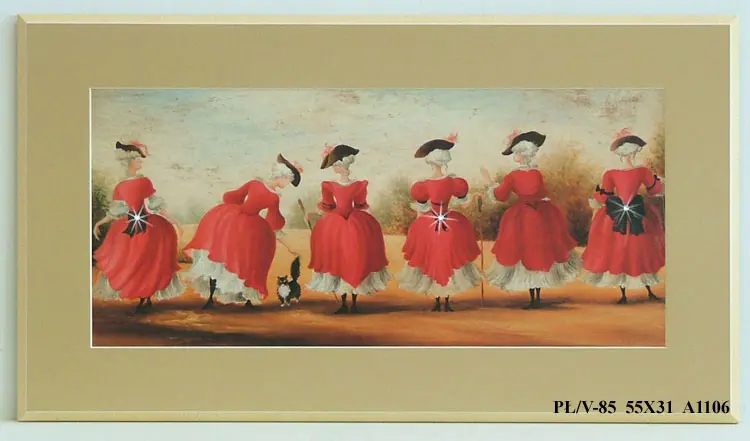 Obraz Czerwone stroje, panie w sukniach stojące tyłem, ozdobione kryształkami 55x31 cm