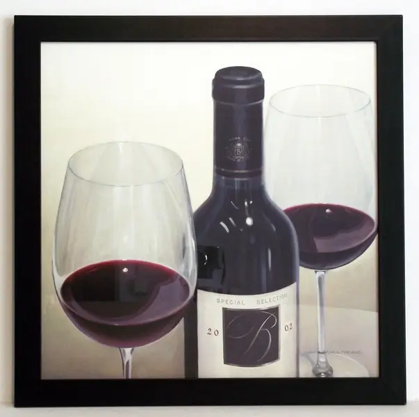 Obraz Czerwone wino, butelka z kieliszkami 50x50 cm