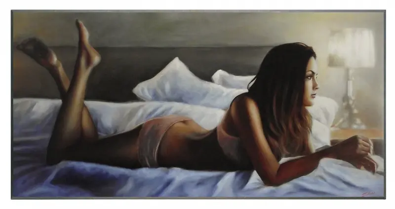 Obraz Dziewczyna w bieliźnie na łóżku 101x51 cm
